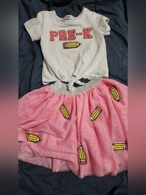 Girls Pink Pencil Appliqué Tulle Skirt with Silver Waistband